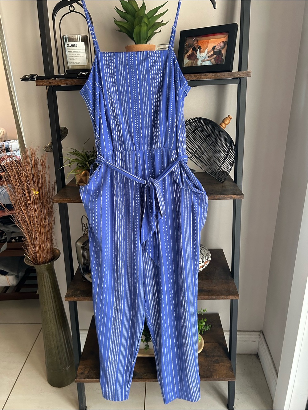 Simply Styled Blue Striped Sleeveless Tie-Waist Jumpsuit